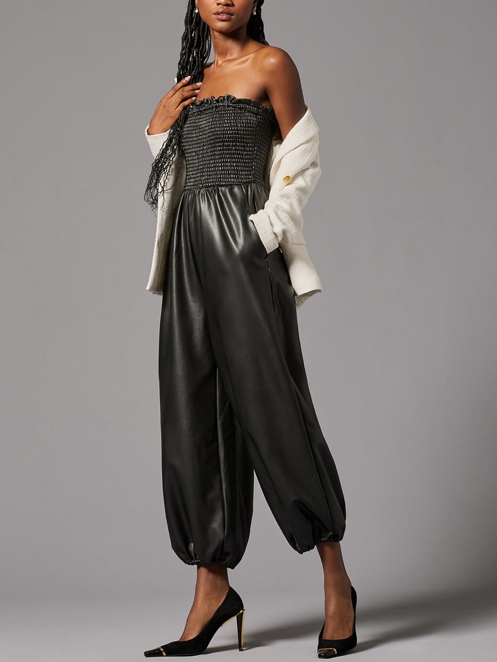 Anthropologie Strapless Smocked Faux-Leather Jumpsuit in Black M
